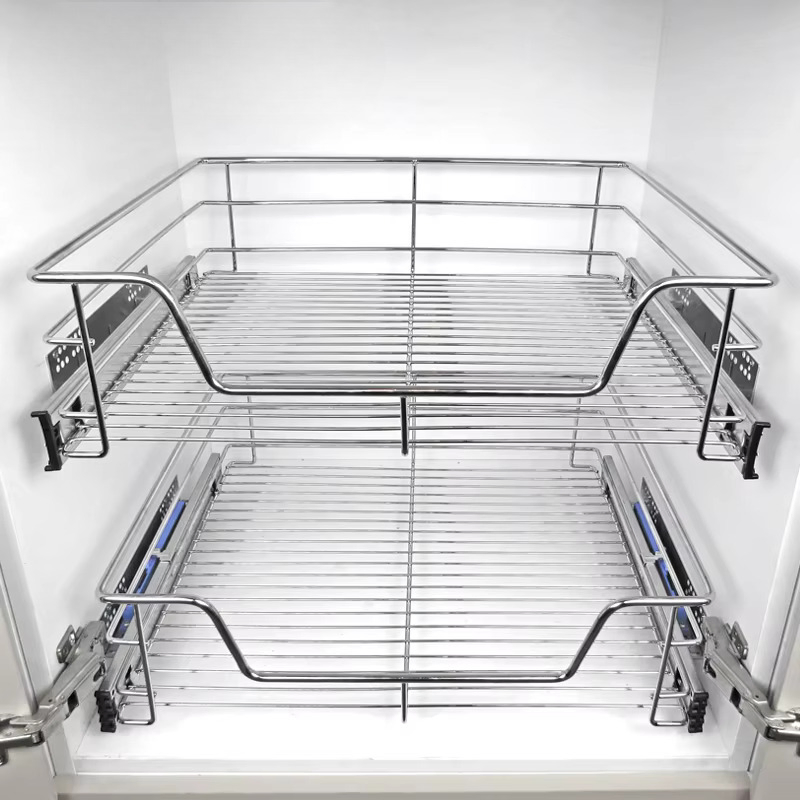 Chrome Plated Collapsible Pull out Cabinet Basket with Ball Bearing Slides