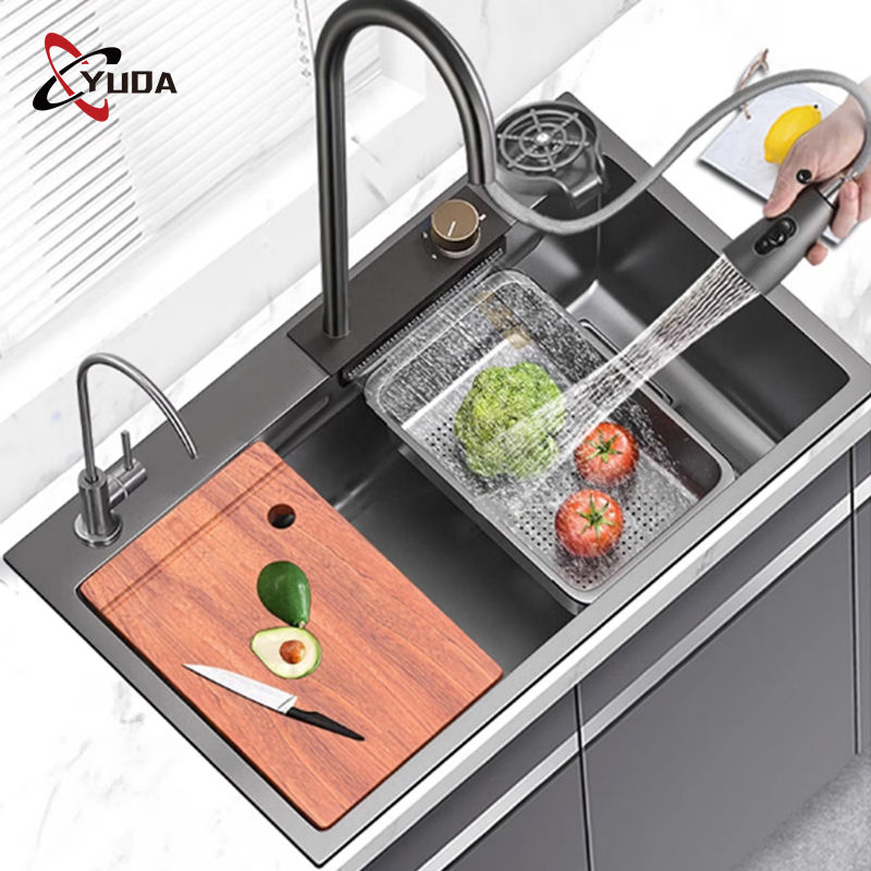 Commercial Modern Stainless Steel Kitchen Sink Single Bowl Black Nano Waterfall Sink