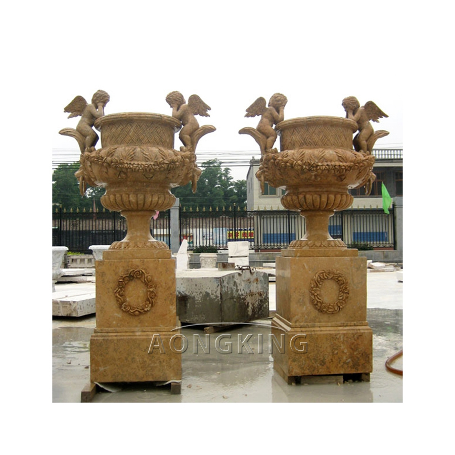 Simple European Style Pair of White Marble Planter Statue with Square Stand