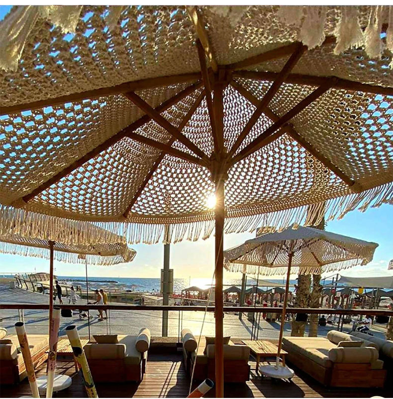 Пляжный зонт макраме с кистями, деревянная ручка