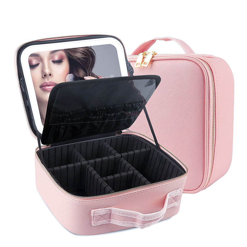 Large Capacity Desktop Cosmetic Leather Portable Storage Box with LED Light Mirror