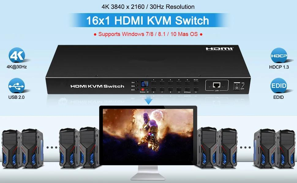 HDMI Kvm Switch 8 Port 8X1 USB 2.0 LED Video Switcher 1u Rackmount RS232 LAN Hotkey EDID 4K60Hz Kvm Switch