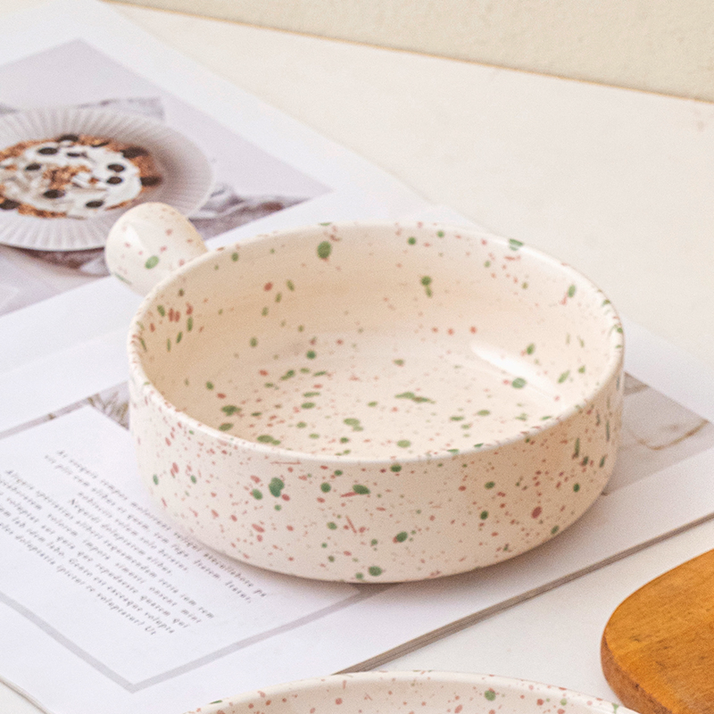 Ins Style Speckle Pattern Ceramic Bowl with Handle Home Kitchenware