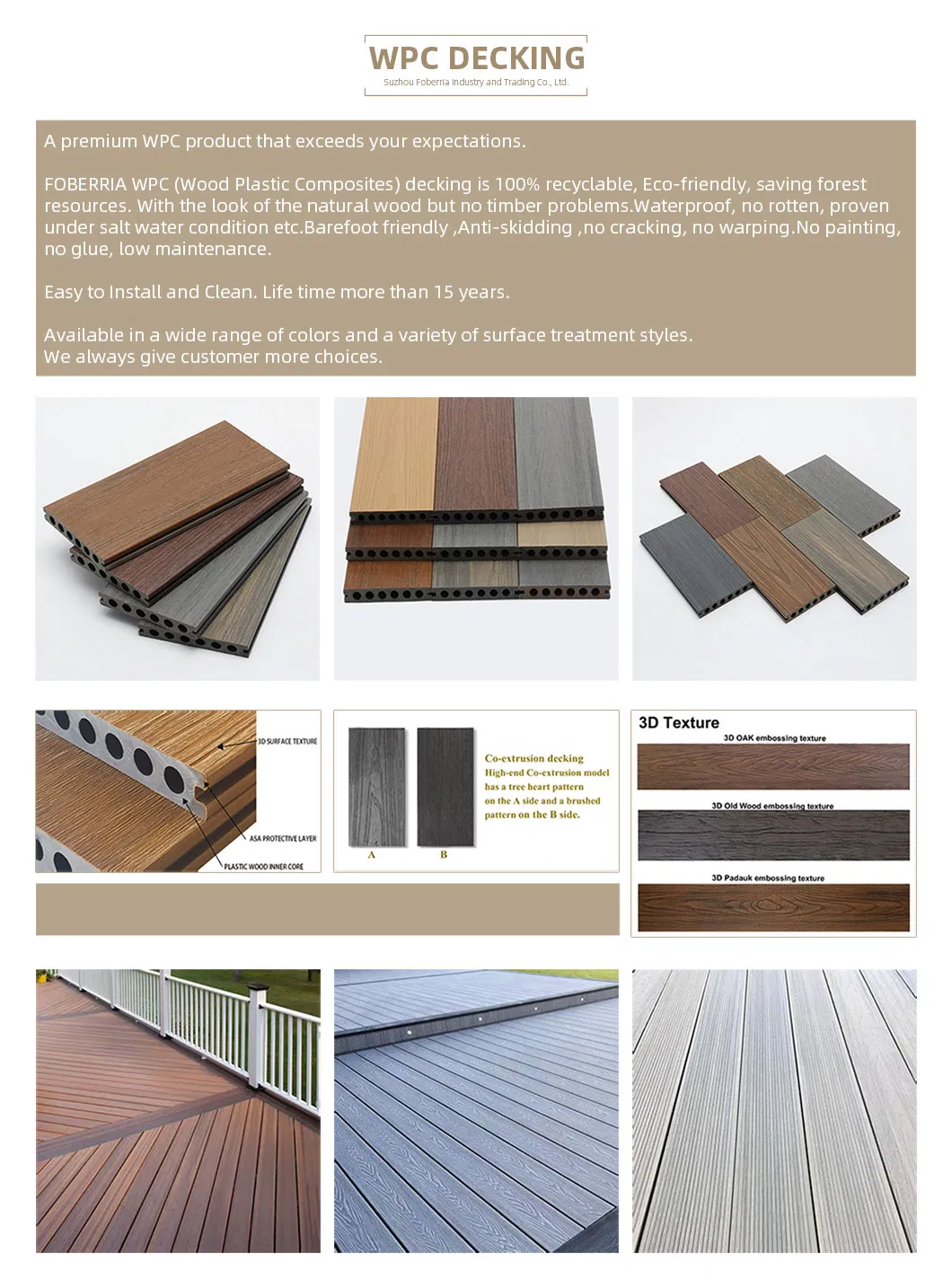Premium Waterproof 3D Wood Grain Composite Decking for Outdoors