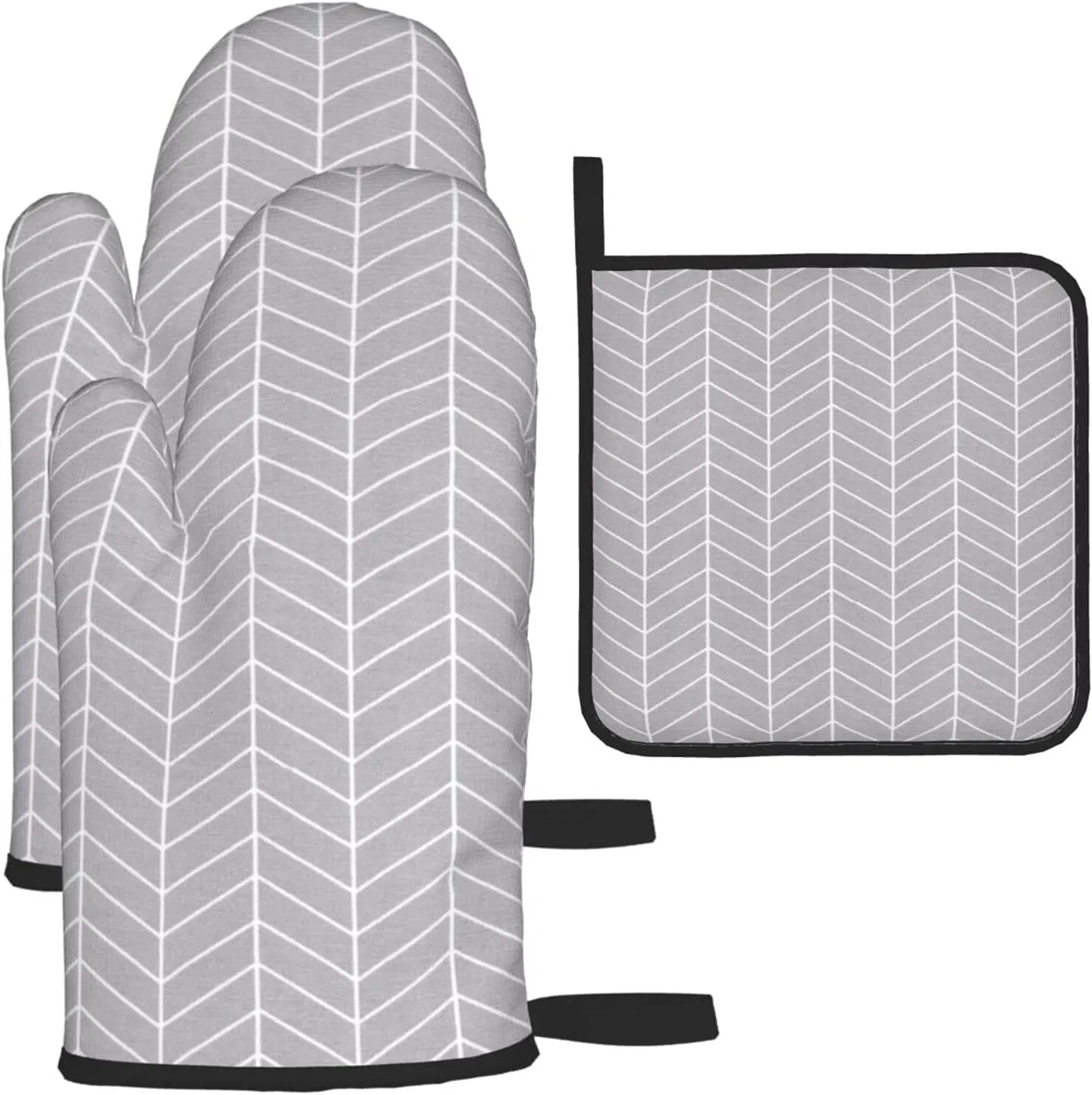 Striped Oven Gloves Grey & Pot Holder Set Heat Resistant Kitchen Microwave Slip Surface