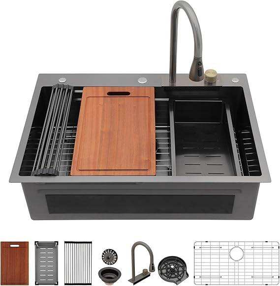 7546 Black Waterfall Drop in Sink Stainless Steel Sink Multifunction Single Bowl Smart Top Mount Kitchen Sink with Faucet Combo - Buy Kitchen Sink Sink Kit