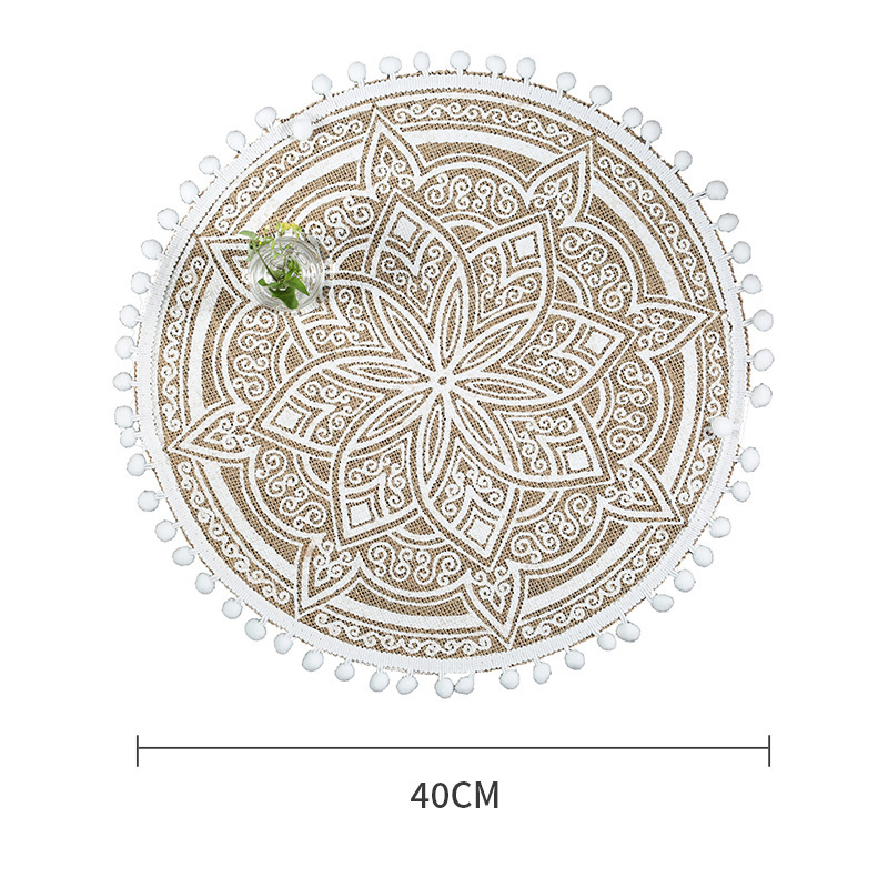 Eco-Friendly Natural-Colored Jute Placemat, Round Minimalist Fringe Screen Printing Style