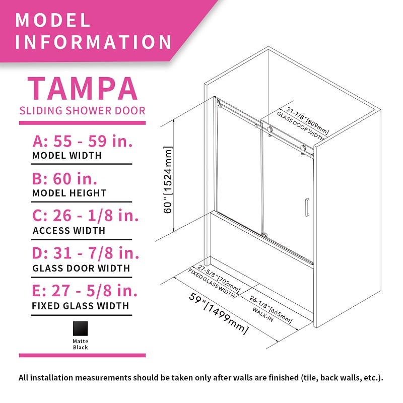 1499*1524mm Bathroom Hotel Tempered Glass Walk in Shower Door Single Sliding Shower Enclosure for Bathtub