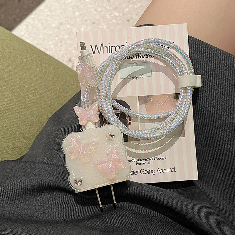 Pearlescent Pink Butterfly Charger Case Silicone TPU Adapter Case for iPhone 11 12 13 14 15 16 PRO Max 18W 20W Fast Charging Cable Case