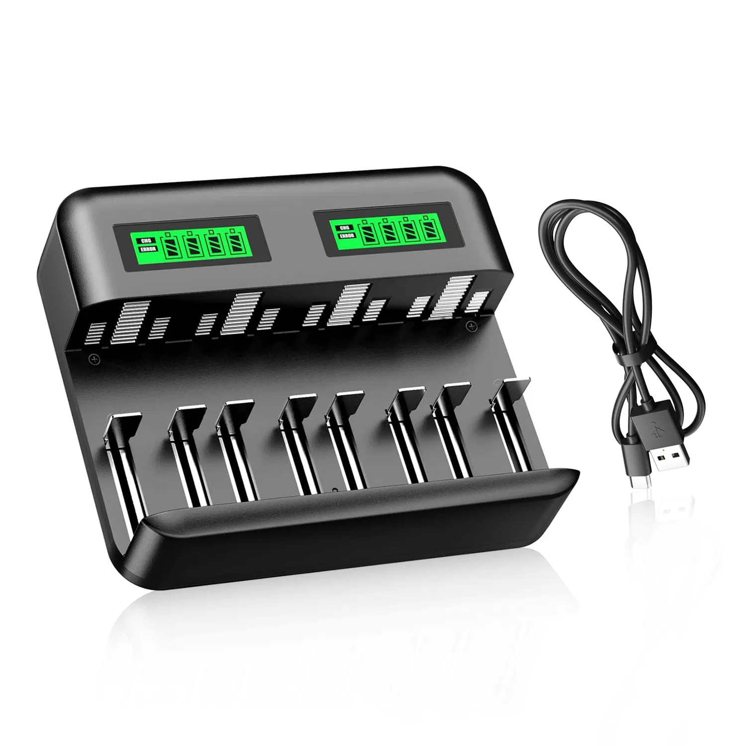 LCD 8bay Battery Charger for Rechargeable Batteries Ni-MH AA AAA C D Batteries with 2A USB Port, Type C Input