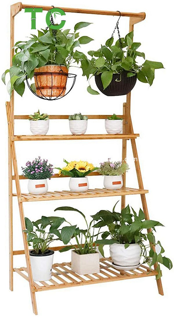 Wholesale 3-Tier Foldable Bamboo Hanging Plant Stand Flower Pot Organizer Storage Rack Display Rack Flower Stand Rack