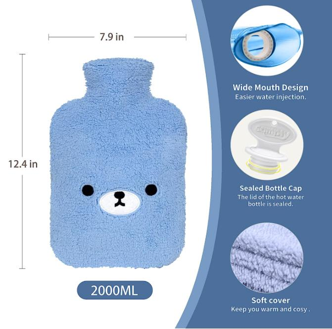 PVC Hot Water Bottle with Cute Animal Cover, 2L Hot Water Bag for Hot and Cold Compress