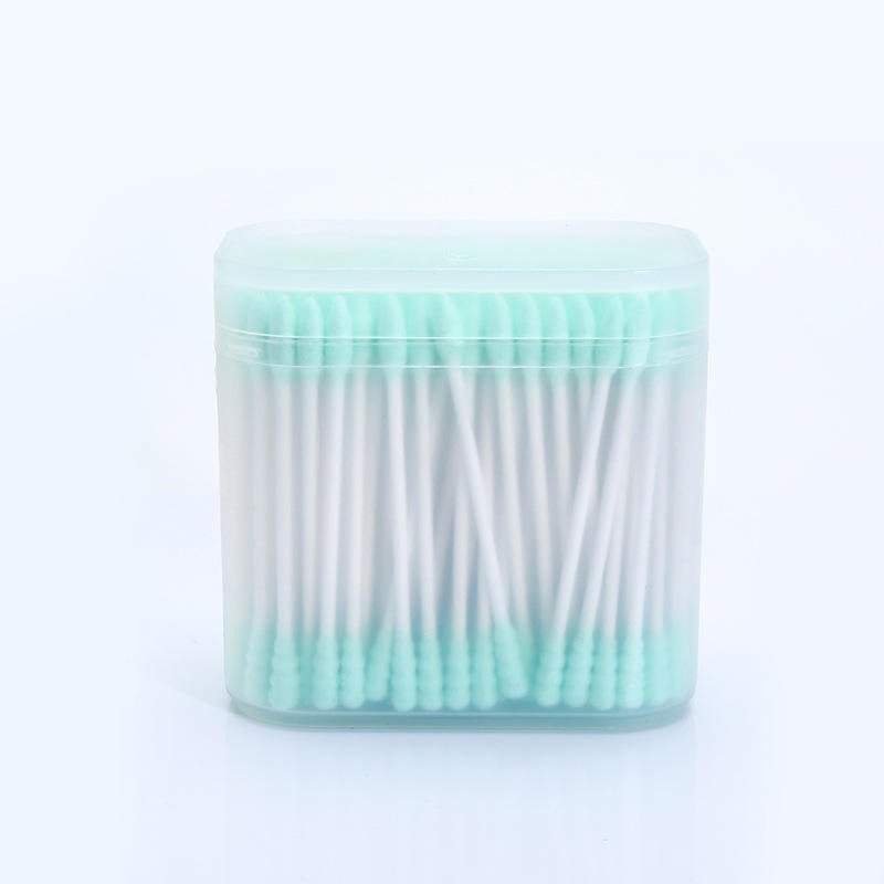 200 Pieces of Cotton Swabs with Green Cotton Tips Packed in a Frosted Square Box.