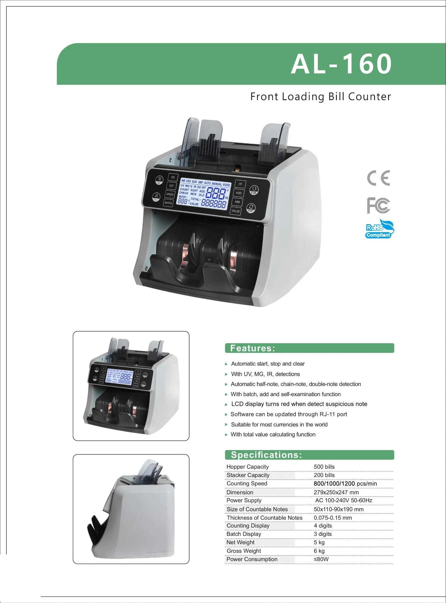 Al-160 Semi- Value Bill Counter Machine Automatic Detection of Counterfeit Banknotes with UV/Mg/IR