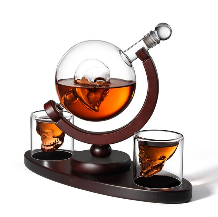 Glass Wine Whiskey Bottle Decanter Set with Skull Cups