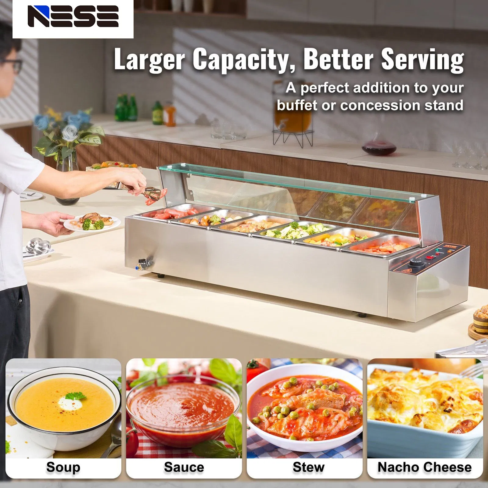 Professional Steam Table Food Warmer, Stainless Steel Electric Warmer