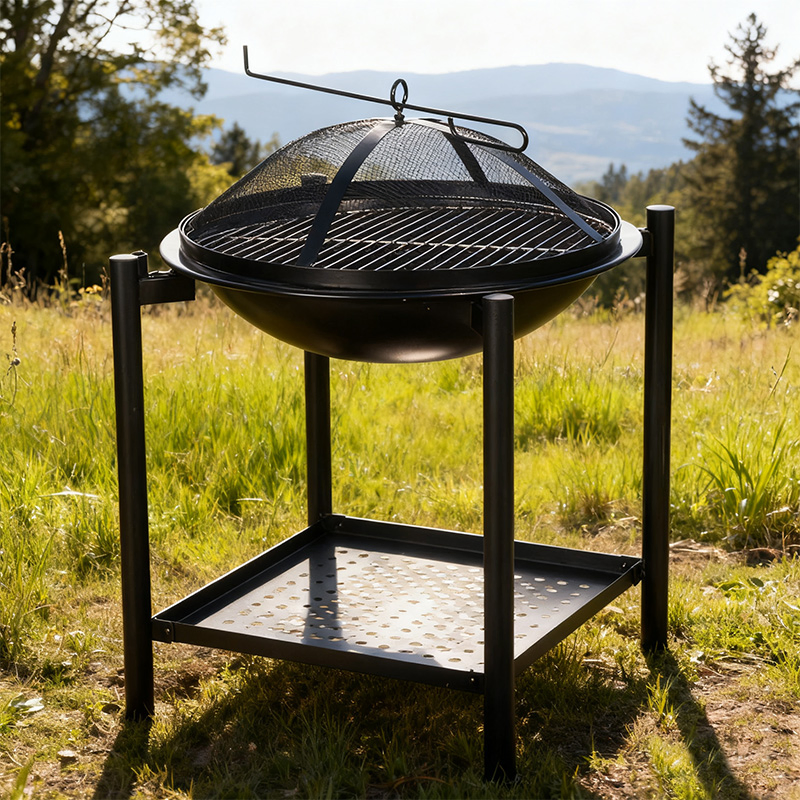 Fire Pit, Outdoor Fire Pit with Iron Art, Storage Shelf and Multi-Fuel