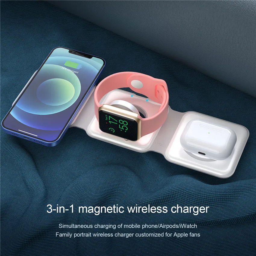 3-in-1 Qi Standard Foldable Magnetic Wireless Charger Charging Station for iPhone Airpods Apple Watch Samsung Phone and Watch