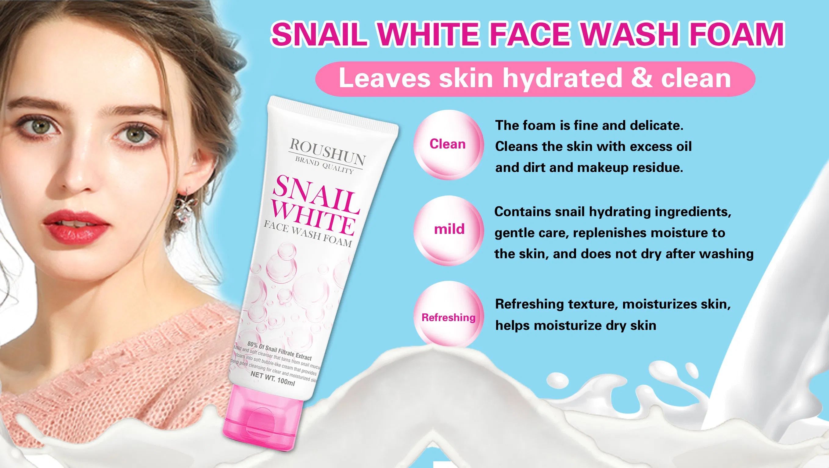 Roushun Face Wash Foam Whitening Skin Moisturizing Firming Oil Control Snail White Facial Cleanser
