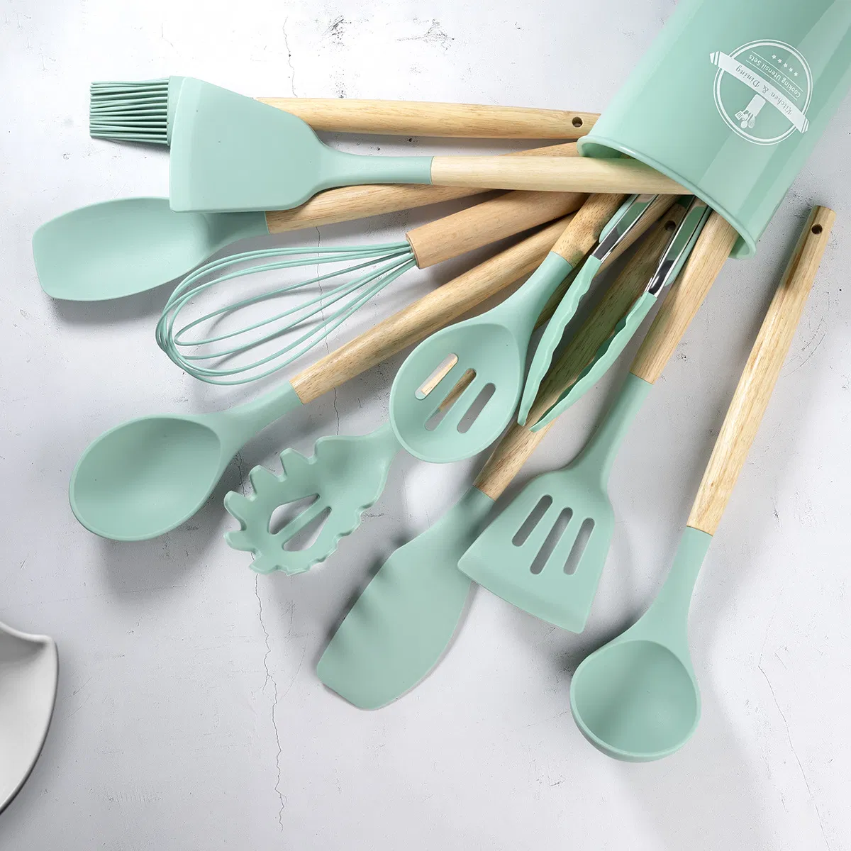 Silicone Kitchen Utensils for Cooking Wooden Handles