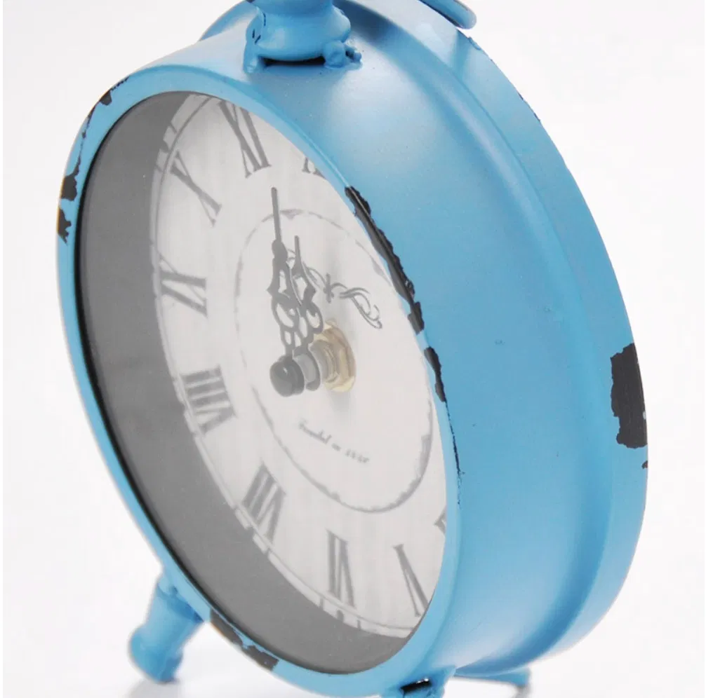 Perfect Gift Metal Frame Table Alarm Clocks Round Blue Iron Table Alarm