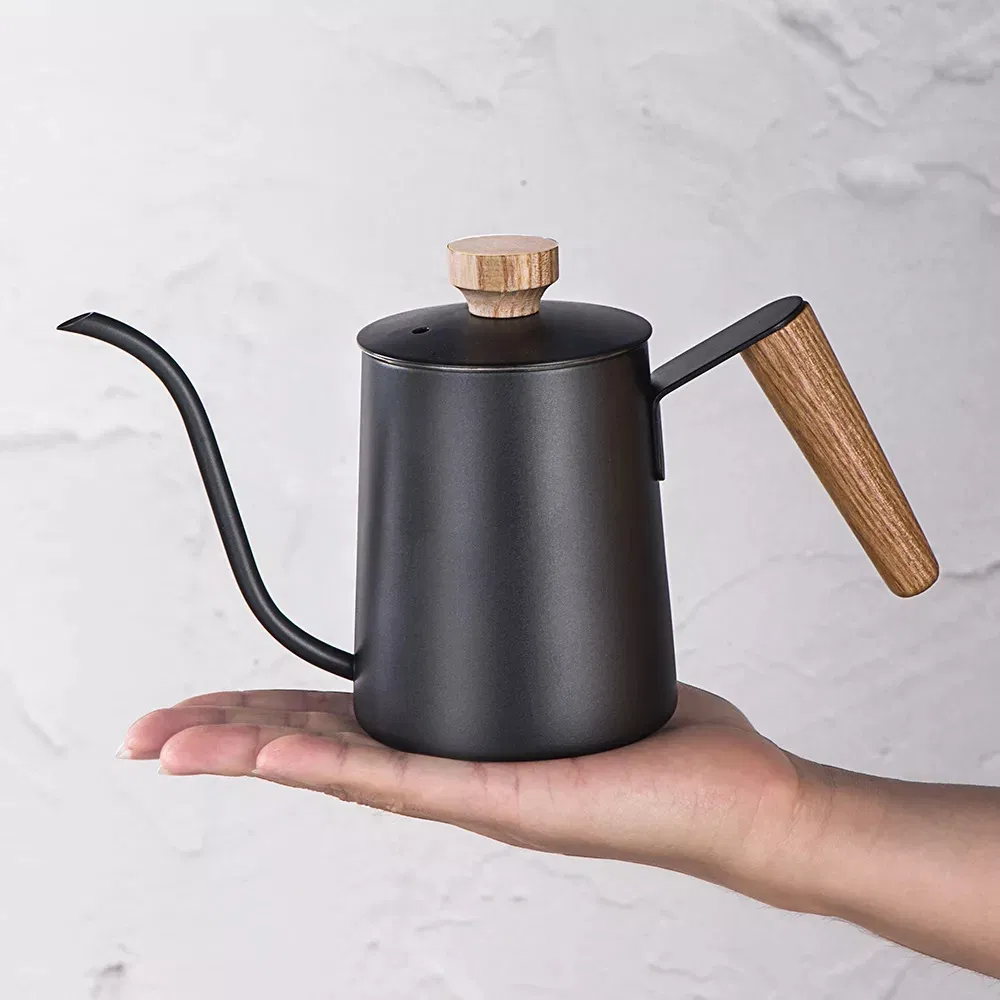 350ml Wholesale Wooden Handle 304 Stainless Tea Kettle Office Hand-Brewed Fine-Mouth Drip Coffee Pot with Long Spout