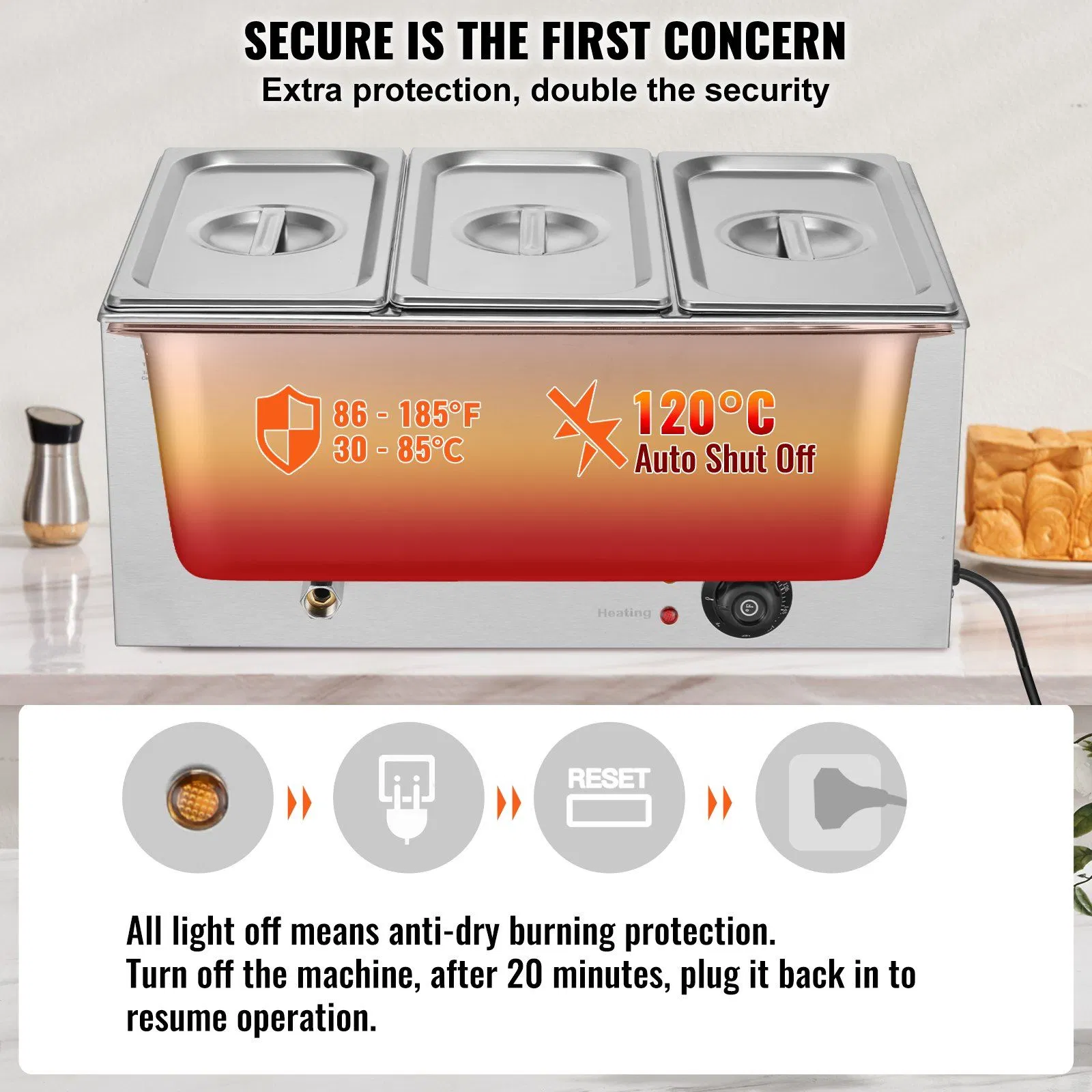 Stainless Steel Electric Food Warmer, Professional Catering Warmer with 3 Pans