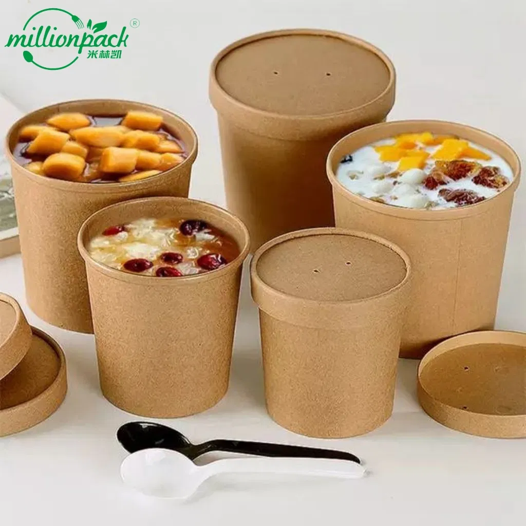 Biodegradable Kraft Paper Bowl with Lid for Soup and Salad Takeaway