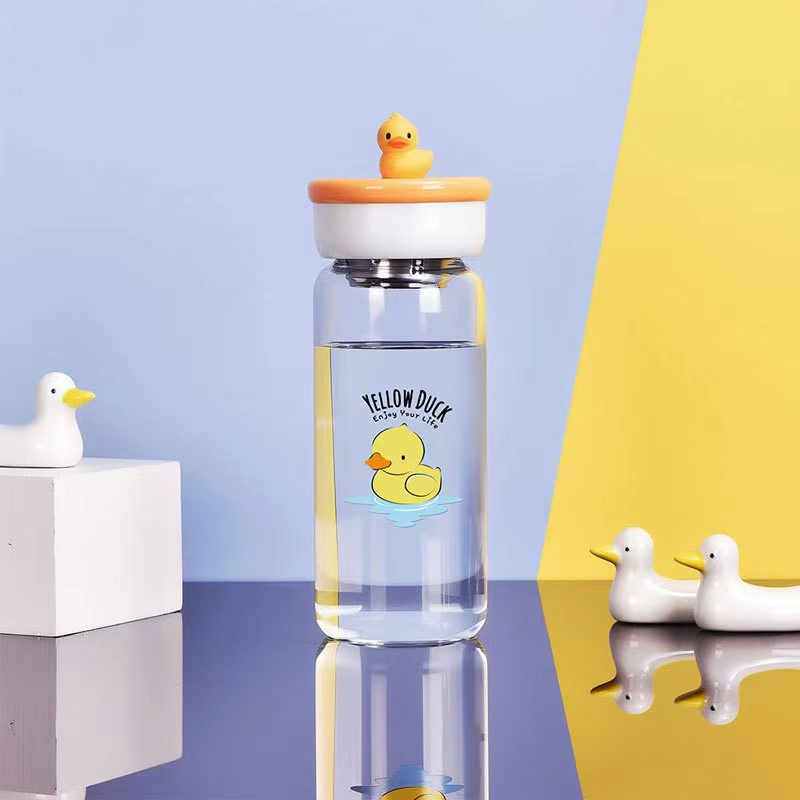 Cute Duck Shape Glass Water Bottle with Sequins