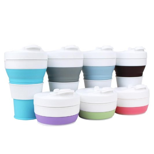 New Design Portable Silicone Collapsible Coffee Cup Travel Folding Water Bottle with Straw & Carabiner