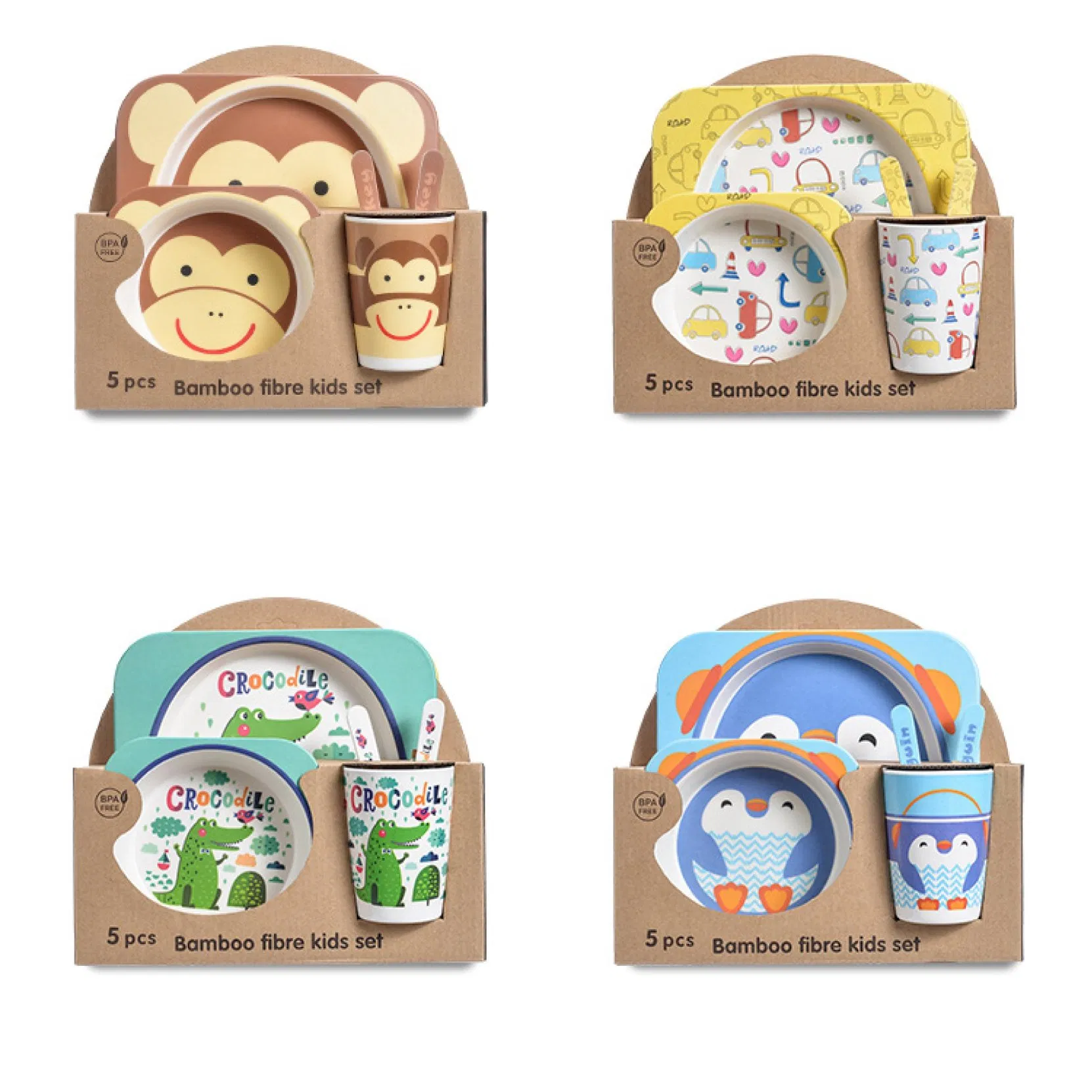 New Arrival Bamboo Fiber Tableware Kids Dining Table Plates Sets 5-Pieces for Baby Bamboo Children Dinnerware Set Cutlery Set
