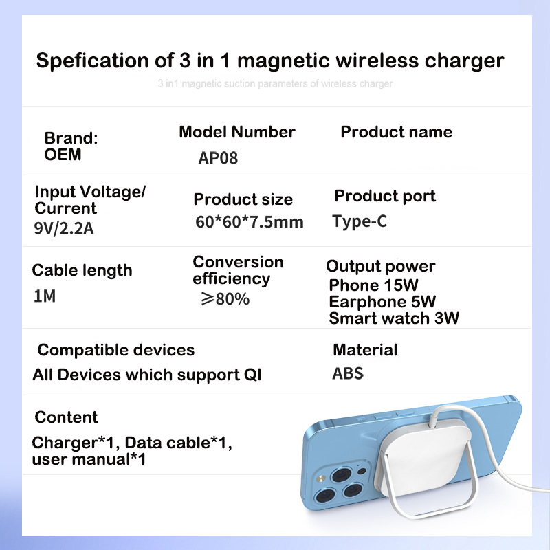 Fast Wireless Charging Foldable Stand 3-in-1 Magnetic Wireless Charger for iPhone 14 PRO