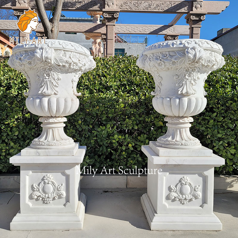 Detailed Carving Stone Planter Natural White Marble Flowerpot for Home