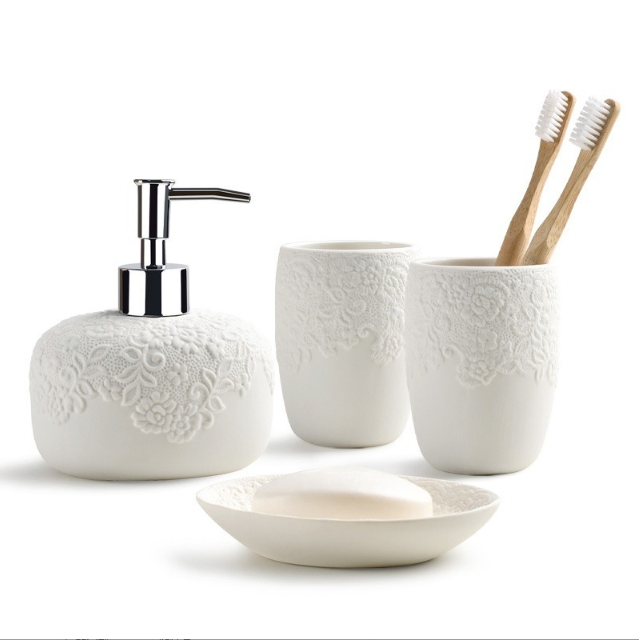 Bathroom Ceramic Toiletry Set 4PCS Dispenser Toothbrush Holder Tumbler Soap Dish