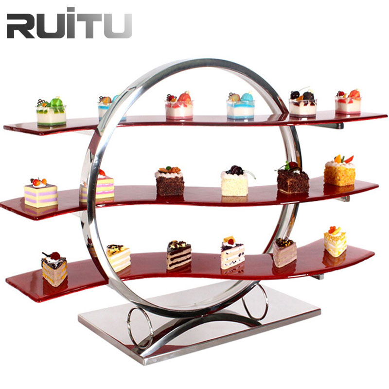 Modern Skyline Beauty Black Glass Gold Stainless Steel Hotel Restaurant Wedding Decoration Catering Equipment Candy Dessert Buffet Food Display Risers and Stand