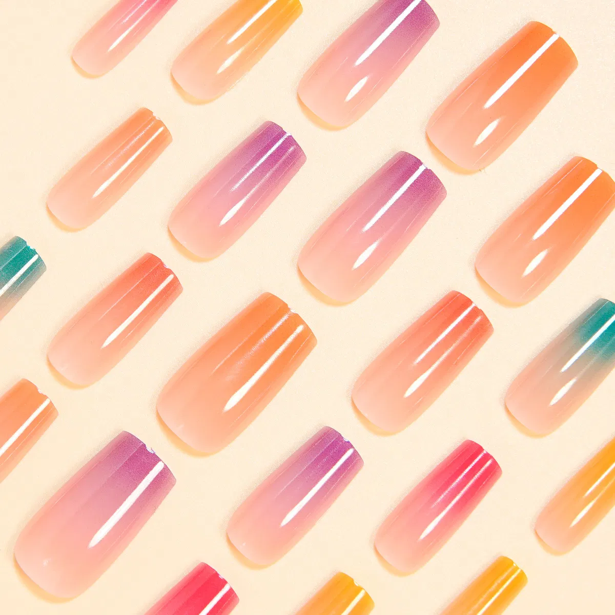 European and American Long Water Pipe Nail Candy Color Finished Nail Art Rainbow Gradient Coffin Nail Nails