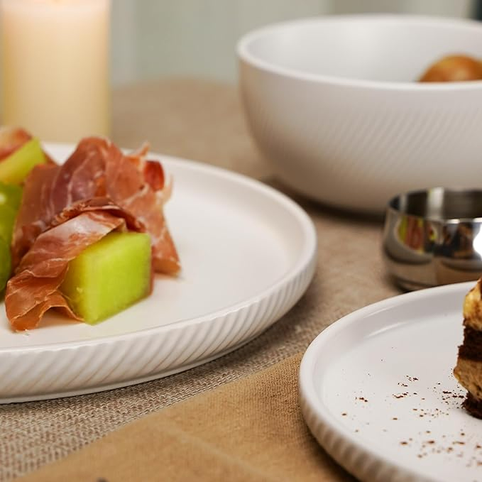 White Ceramic Dishware Plate Bowls Set Ribbed Snowcrest White Plates Bowls Sets Bulk Dinner Plates Set Restaurant Hotel White Porcelain Flat Dish Plates