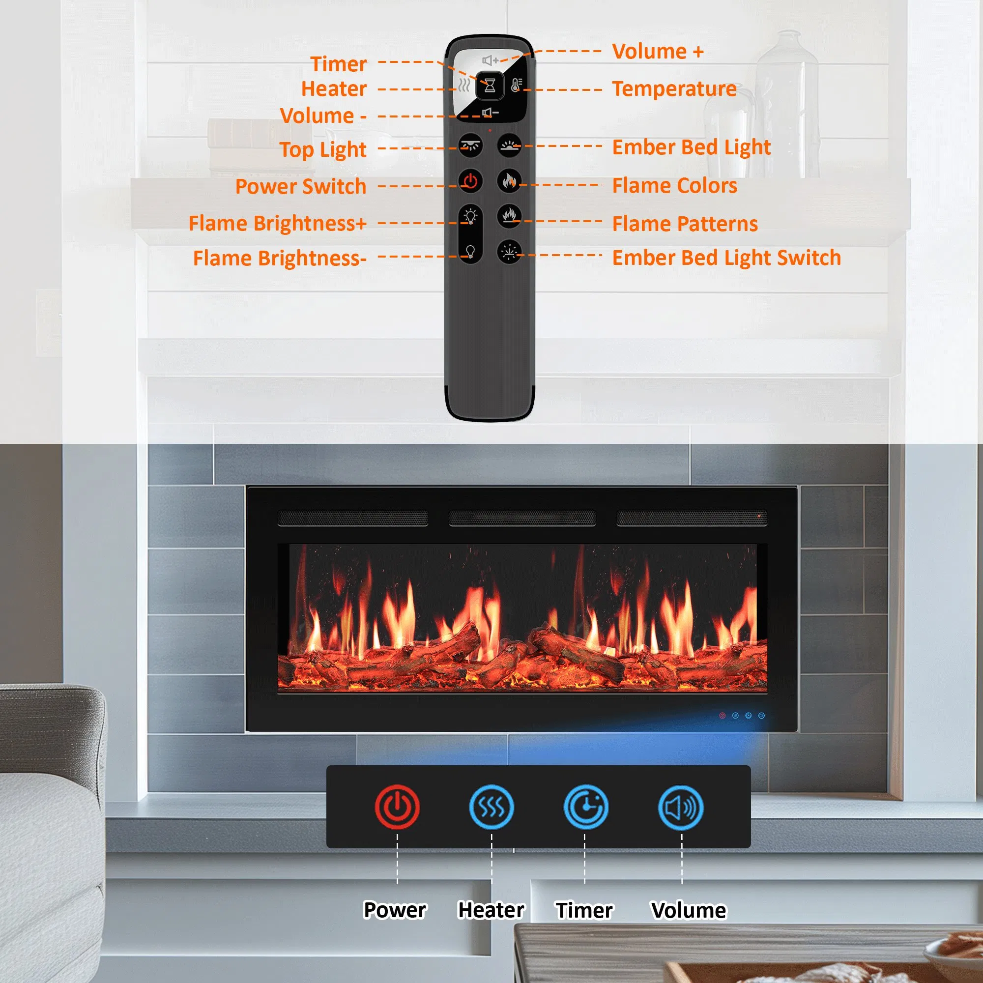 Factory Direct Adjustable Screen Electric Fireplace with APP and Remote Control, 3D LCD Flame Display for Home and Hotel Projects