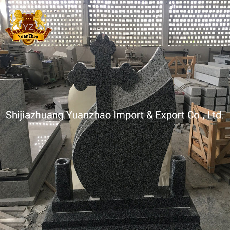 Outdoor Stone Monument Grey Granite Cross Design Tombstone