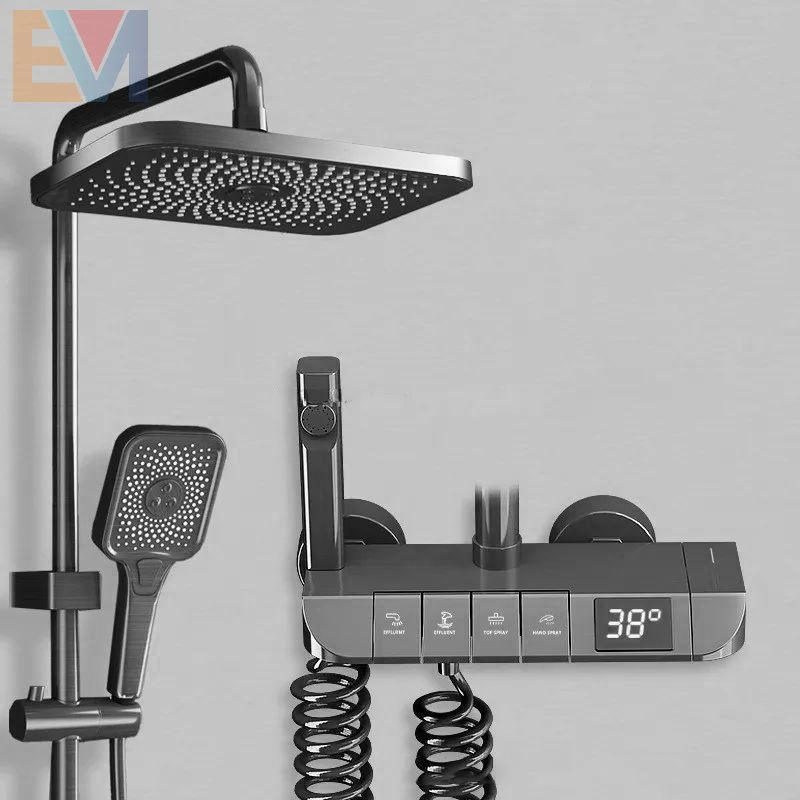 Metal Gun Luxury Hotel 4 Function Rainfall Head Shower Column System Set Exposed Wall Mount Bathroom Wash Room Piano Shower Set