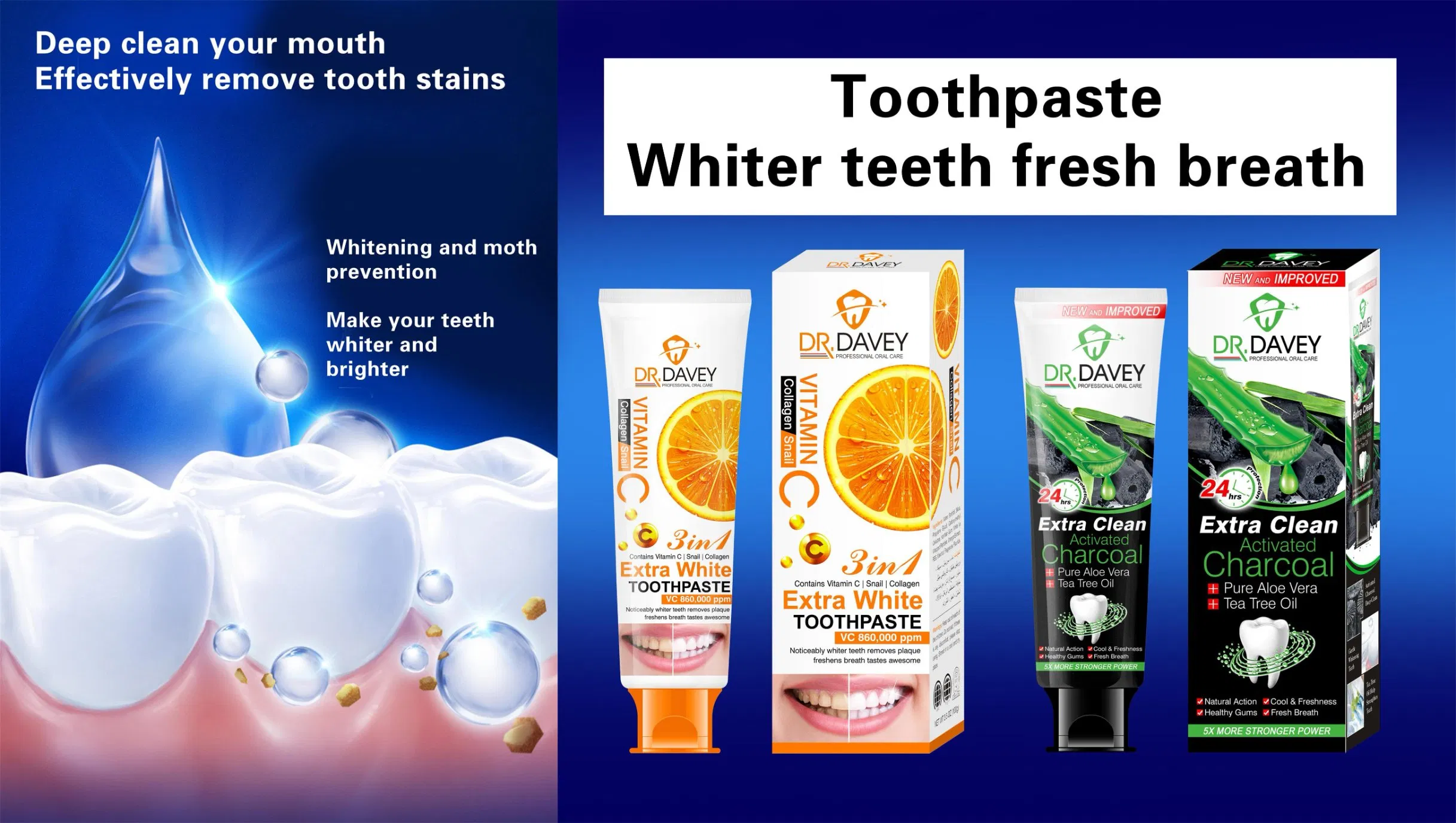 Dr. Davey Extra Clean Healthy Gums, Fresh Breath Activated Charcoal Whitening Toothpaste OEM