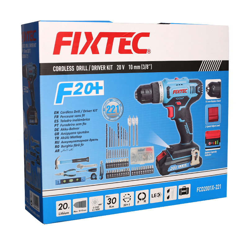 Аккумуляторная дрель-шуруповерт Fixtec с 221 насадкой