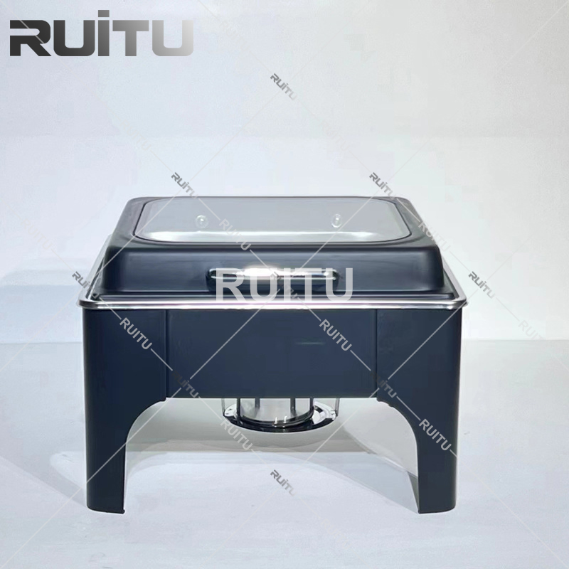 Commercial Catering Luxury Electric Fuel Chaffing Dishes 9L Oblong Cheffing Dish Stainless Steel Buffet Catering Food Warmer Big Glass Top Black Chafing Dish