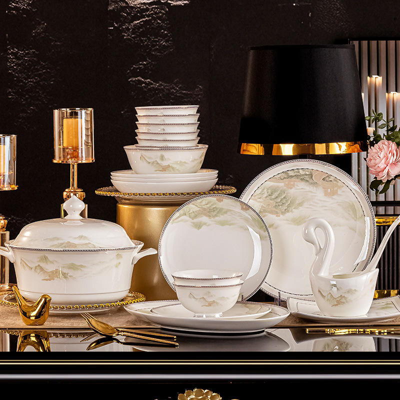 Chinese Style Dinner Sets with Elegant White Gold Landscape Pattern