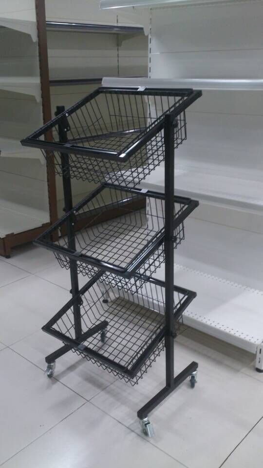 Three Layers Four Wheels Movable Supermarket Shop Basket Display Rack Double Columns