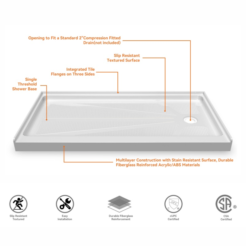 Hot Sale Rectangular Single Threshold Right Drain White Acrylic Shower Base