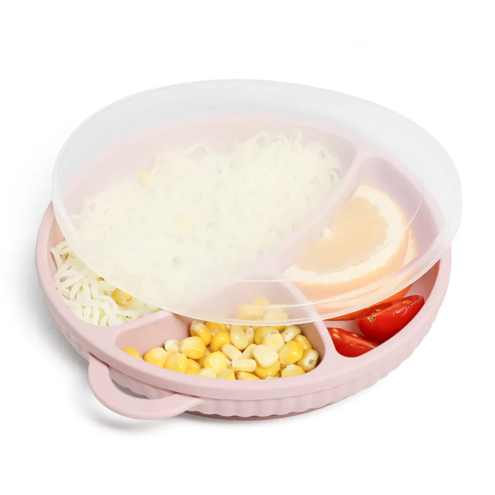 Suction Divided Smile Face Silicone Baby Plate with Lid