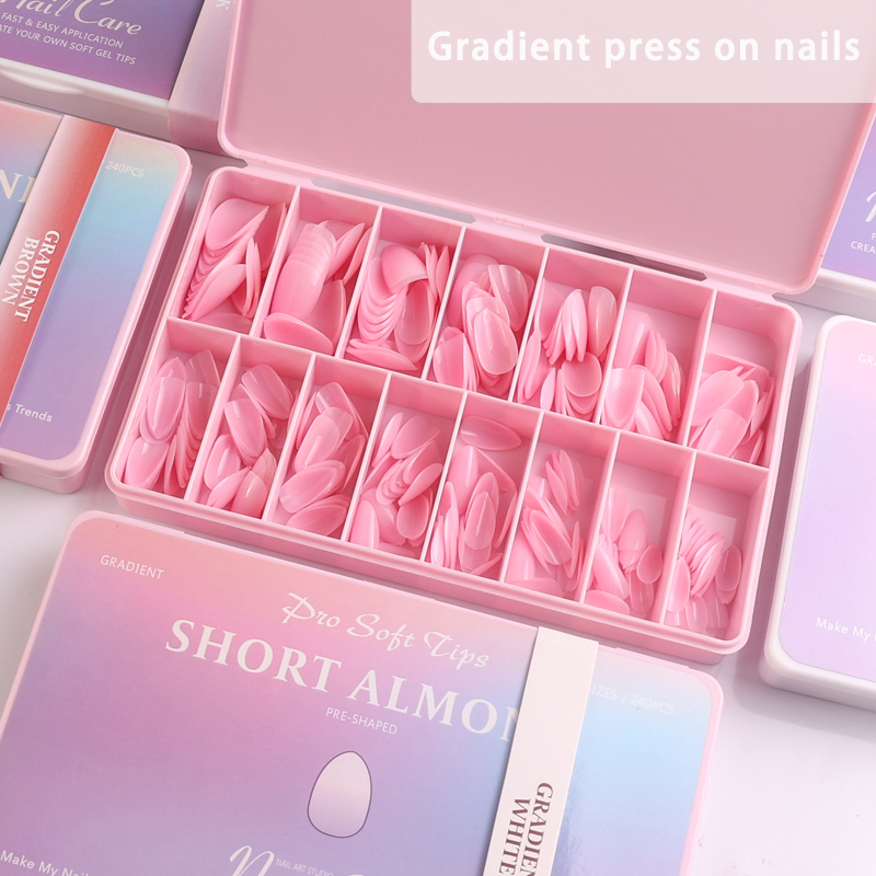 Wholesale Fake Nail Tips Acrylic Gradient Light Pink Short Almond Press on Nails for Nail Extension DIY