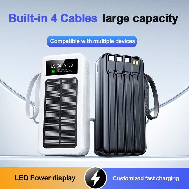 10000 20000 mAh 30000 40000 50000 60000 mAh Build in 4 Cables Power Bank with Solar Panel