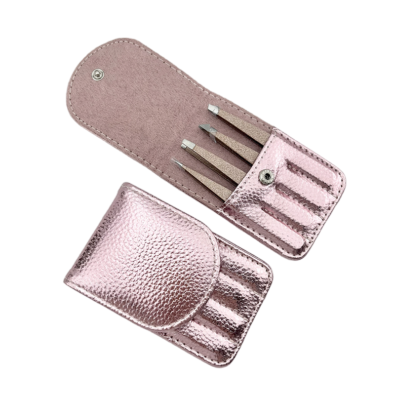 Make Your Own Logo Cosmetic Private Label Tweezer 4PCS Black Pink Gold Pointy Eyelash Eyebrow Tweezers Set with Pouch